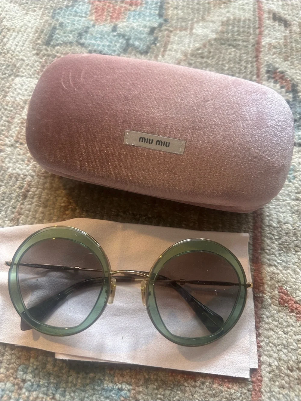 Miu Miu Green Round Frame Sunglasses with Pink Hard Case